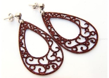 NSA|Argento 925 Italiano : Orecchini tondi taglio laser con pallina e trattamento glitter goccia Marrone bruciato