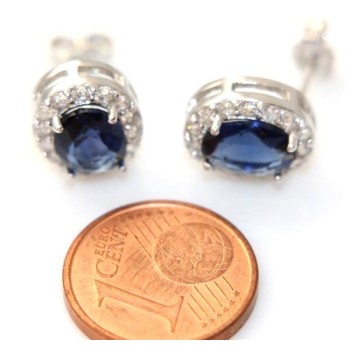NSA|orecchini argento 925 donna bottone ovale stud pietra blu sapphire 11x9mm zirconi