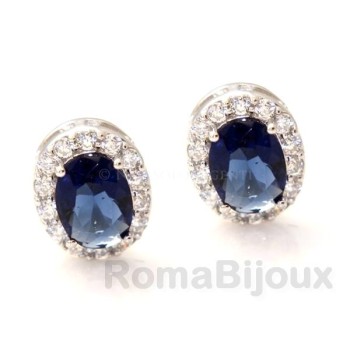 NSA|Argento 925 : orecchini donna bottone ovale stud pietra blu sapphire 11x9mm zirconi