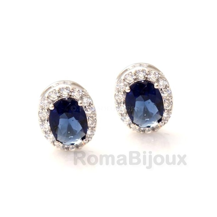 NSA|Argento 925 : orecchini donna bottone ovale stud pietra blu sapphire 11x9mm zirconi