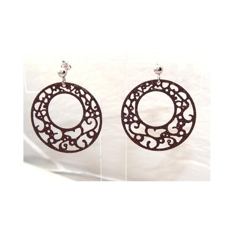 NSA|Argento 925 Italiano : Orecchini tondi taglio laser con pallina e trattamento glitter diam 4 cm MARRONE