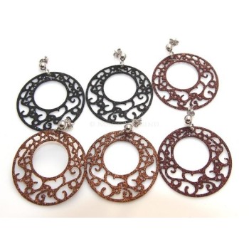 NSA|Argento 925 Italiano : Orecchini tondi taglio laser con pallina e trattamento glitter diam 4 cm MARRONE