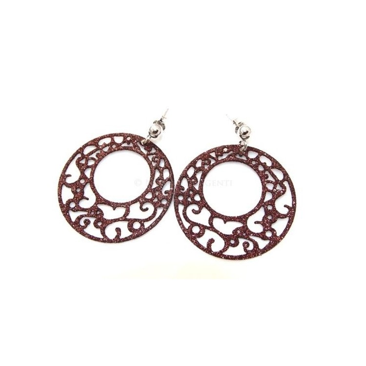 NSA|Argento 925 Italiano : Orecchini tondi taglio laser con pallina e trattamento glitter diam 4 cm MARRONE