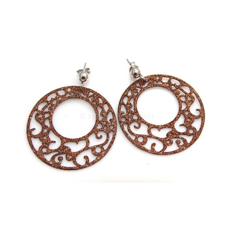 NSA|Argento 925 Italiano : Orecchini tondi taglio laser con pallina e trattamento glitter diam 4 cm BRONZO