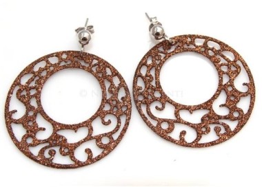 NSA|Argento 925 Italiano : Orecchini tondi taglio laser con pallina e trattamento glitter diam 4 cm BRONZO