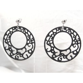 NSA|Argento 925 Italiano : Orecchini tondi taglio laser con pallina e trattamento glitter diam 4 cm NERO