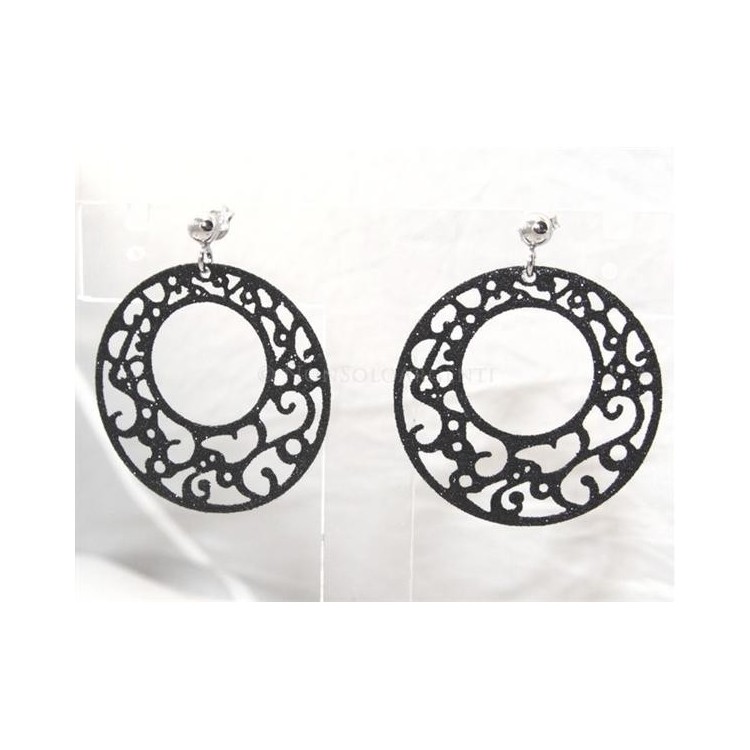 NSA|Argento 925 Italiano : Orecchini tondi taglio laser con pallina e trattamento glitter diam 4 cm NERO