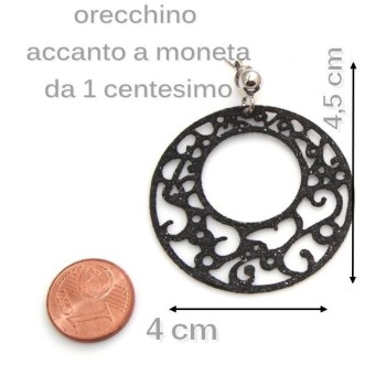 NSA|Argento 925 Italiano : Orecchini tondi taglio laser con pallina e trattamento glitter diam 4 cm NERO
