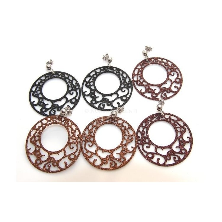 NSA|Argento 925 Italiano : Orecchini tondi taglio laser con pallina e trattamento glitter diam 4 cm NERO