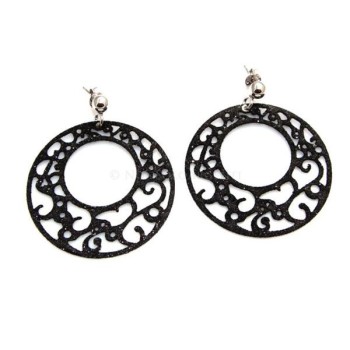 NSA|Argento 925 Italiano : Orecchini tondi taglio laser con pallina e trattamento glitter diam 4 cm NERO