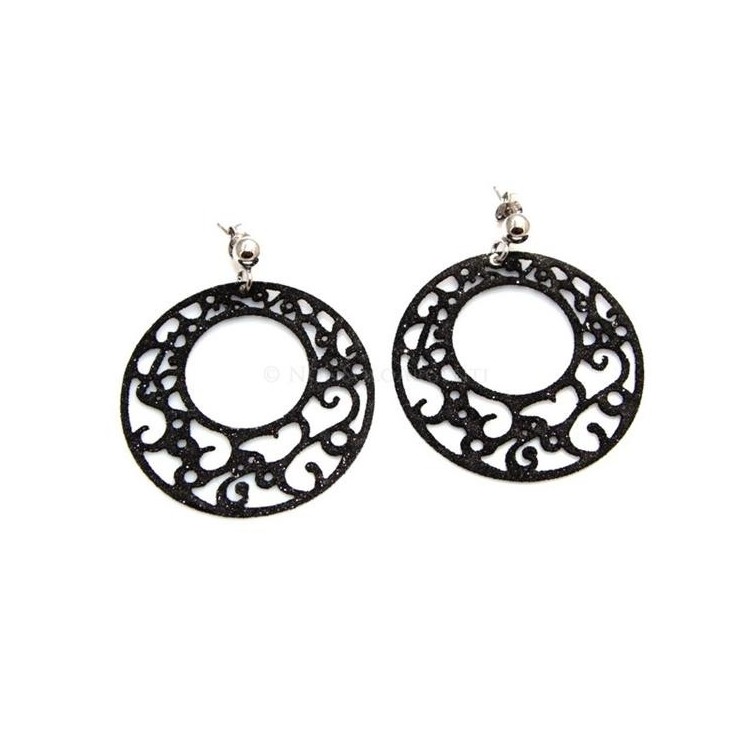 NSA|Argento 925 Italiano : Orecchini tondi taglio laser con pallina e trattamento glitter diam 4 cm NERO