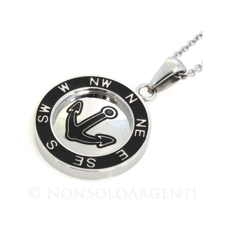 NSA|Acciaio  : Esclusiva collana rolo' ciondolo tondo IP nero Ancora