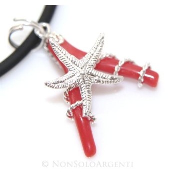 NSA|Esclusivo Ciondolo donna linea Capri in argento 925 con stella marina grande e corallo naturale completo di collana