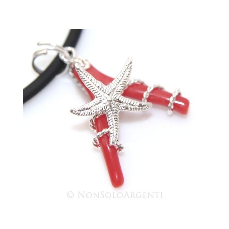 NSA|Esclusivo Ciondolo donna linea Capri in argento 925 con stella marina grande e corallo naturale completo di collana
