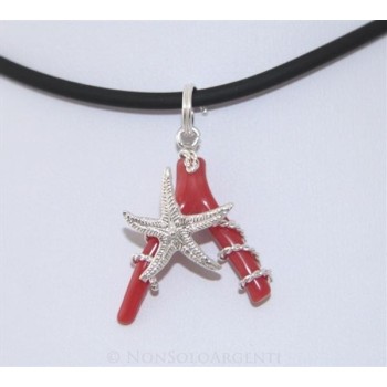 NSA|Esclusivo Ciondolo donna linea Capri in argento 925 con stella marina grande e corallo naturale completo di collana