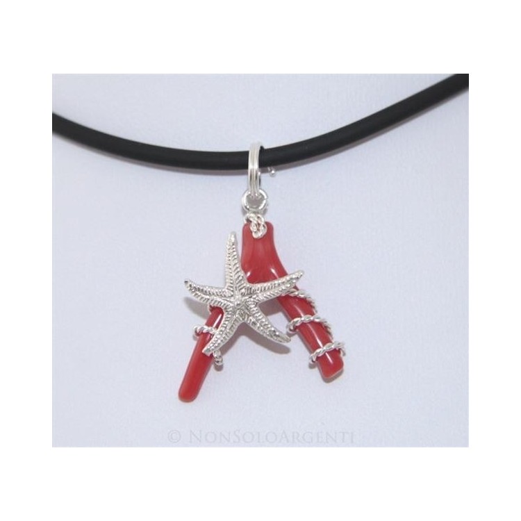 NSA|Esclusivo Ciondolo donna linea Capri in argento 925 con stella marina grande e corallo naturale completo di collana