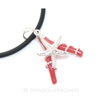 NSA|Esclusivo Ciondolo donna linea Capri in argento 925 con stella marina grande e corallo naturale completo di collana