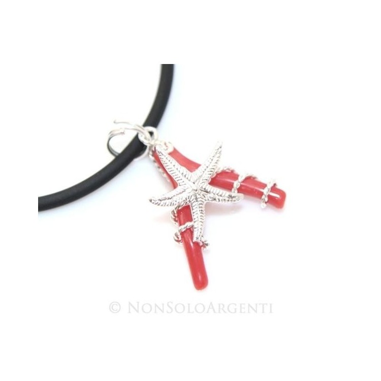 NSA|Esclusivo Ciondolo donna linea Capri in argento 925 con stella marina grande e corallo naturale completo di collana