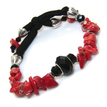 NSA|Natural Black Agate Red Lycra Coral Bracelet for Women