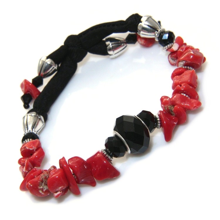 NSA|Natural Black Agate Red Lycra Coral Bracelet for Women