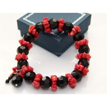 NSA|Natural coral and black agate bracelet with elastic tuft for women