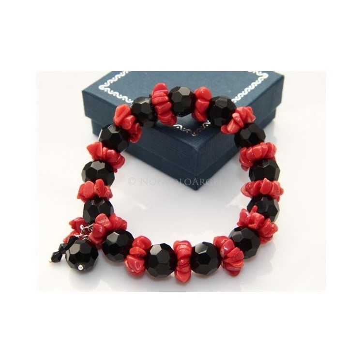 NSA|Bracciale linea Capri Elastico Rosso Nero Corallo naturale e agata con ciuffo