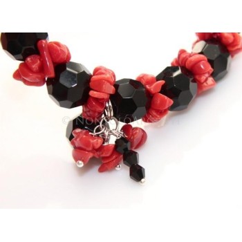 NSA|Bracciale linea Capri Elastico Rosso Nero Corallo naturale e agata con ciuffo