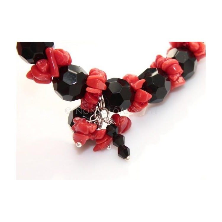 NSA|Natural coral and black agate bracelet with elastic tuft for women