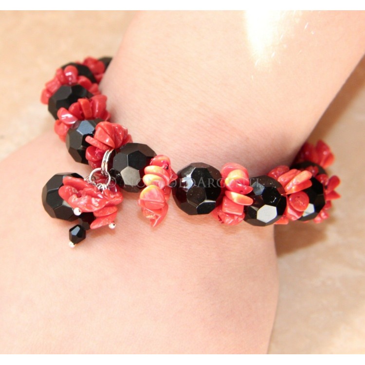 NSA|Natural coral and black agate bracelet with elastic tuft for women