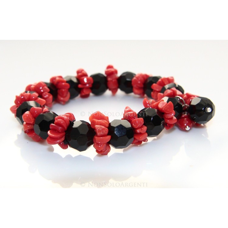 NSA|Bracciale Corallo naturale e agata nera con ciuffo elastico donna