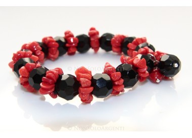 NSA|Bracciale Corallo naturale e agata nera con ciuffo elastico donna