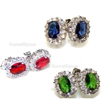 NSA|silver 925 : woman stud button earrings oval stone green blue red 9x7mm zircons