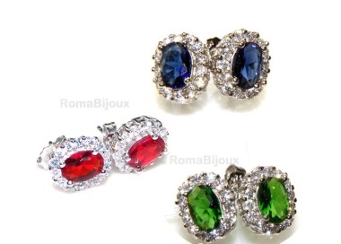 NSA|Argento 925 : orecchini donna stud bottone oval pietra verde blu rossa 9x7mm zirconi