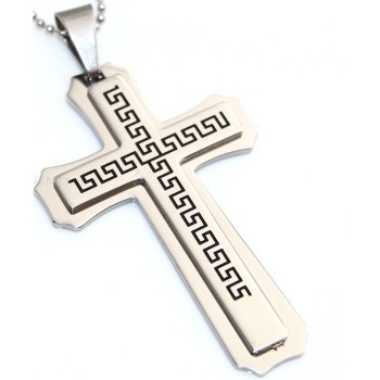 NSA|large steel cross pendant on 2 levels with black greek