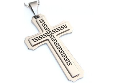NSA|large steel cross pendant on 2 levels with black greek