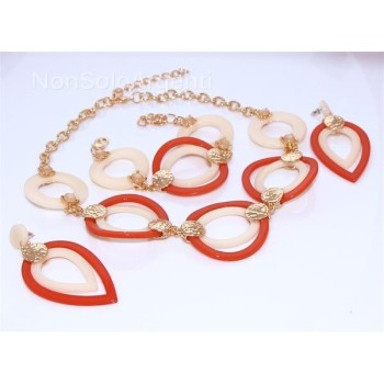 NSA|Bigiotteria : esclusiva Parure bachelite e lucite cerchi e goccia 3 pezzi arancio e crema tono oro