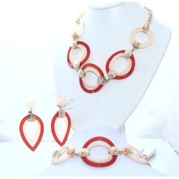 NSA|Bigiotteria : esclusiva Parure bachelite e lucite cerchi e goccia 3 pezzi arancio e crema tono oro