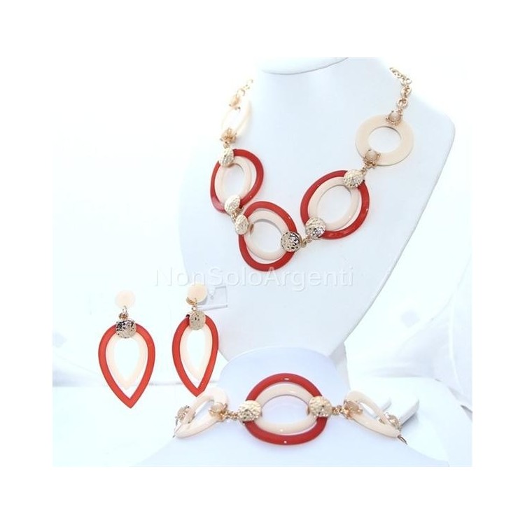 NSA|Bigiotteria : esclusiva Parure bachelite e lucite cerchi e goccia 3 pezzi arancio e crema tono oro