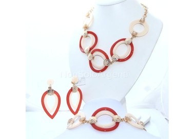 NSA|Bigiotteria : esclusiva Parure bachelite e lucite cerchi e goccia 3 pezzi arancio e crema tono oro