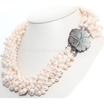 NSA|Women's Necklace 6 strands natural cultured pearls - torchon with mother of pearl
