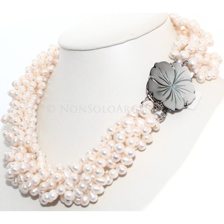 NSA|Women's Necklace 6 strands natural cultured pearls - torchon with mother of pearl