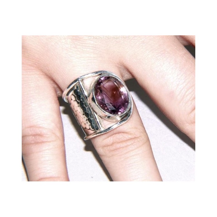 NSA|Argento 925 : Anello donna aperto a C con ametista ovale sfaccettata 15/16