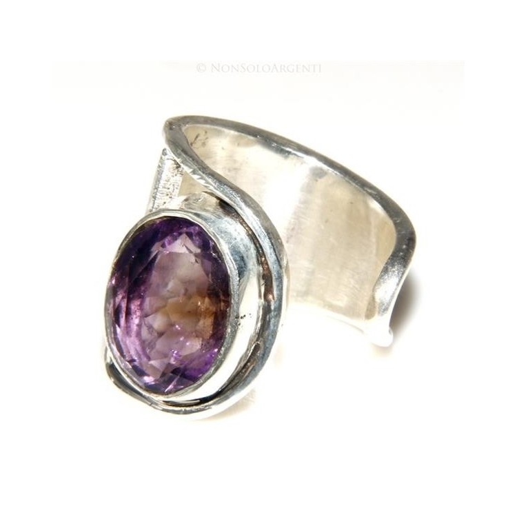 NSA|Argento 925 : Anello donna aperto a C con ametista ovale sfaccettata 15/16
