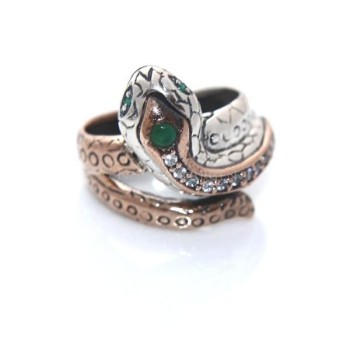 NSA|Argento 925 : Anello 2 colori  con serpente e zirconi  bianchi - Radice di smeraldo misura 19