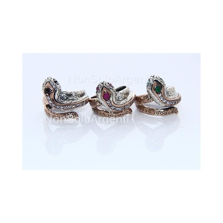 NSA|Argento 925 : Anello 2 colori  con serpente e zirconi  bianchi - Radice di smeraldo misura 19