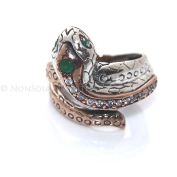 NSA|Argento 925 : Anello 2 colori  con serpente e zirconi  bianchi - Radice di smeraldo misura 19