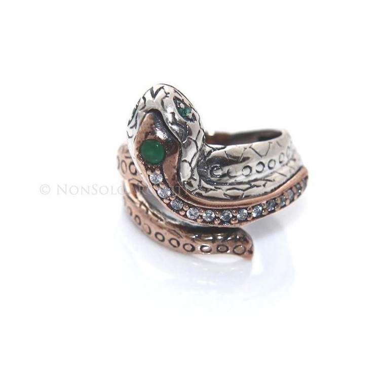 NSA|Argento 925 : Anello 2 colori  con serpente e zirconi  bianchi - Radice di smeraldo misura 19