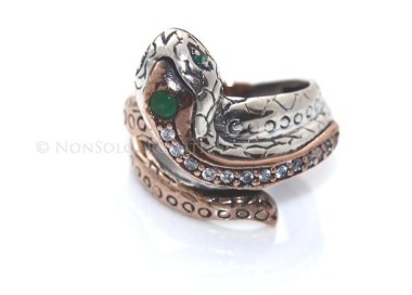 NSA|Argento 925 : Anello 2 colori  con serpente e zirconi  bianchi - Radice di smeraldo misura 19