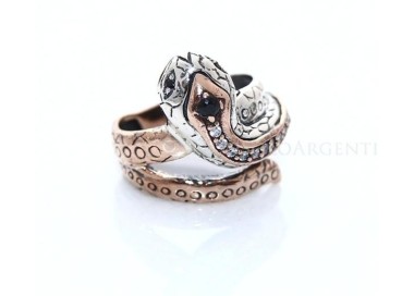 NSA|Argento 925 : Anello 2 colori  con serpente e zirconi  bianchi - Onice Naturale Misura 18