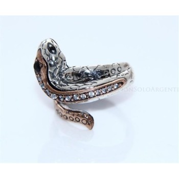 NSA|Argento 925 : Anello 2 colori  con serpente e zirconi  bianchi - onice naturale varie misure